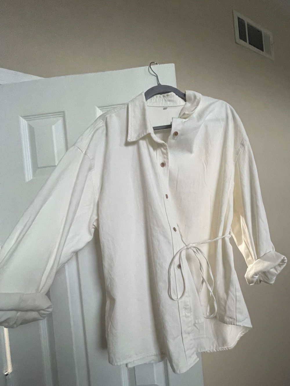 SHEIN Cream Button-Front Tie-Waist Oversized Shirt
